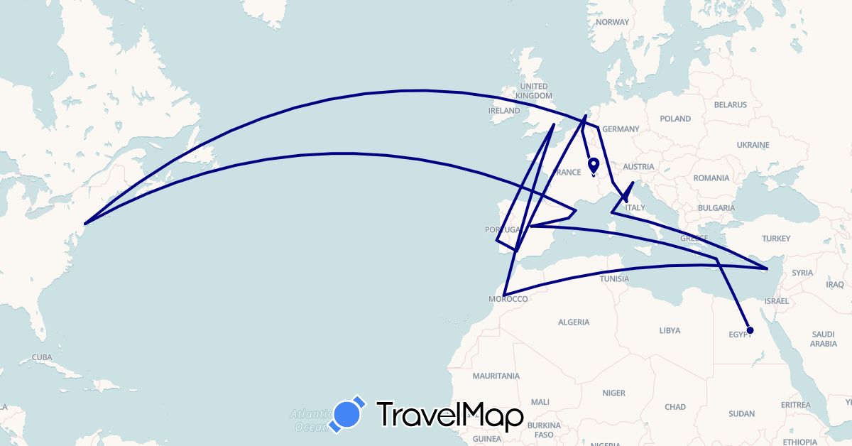 TravelMap itinerary: driving in Belgium, Switzerland, Cyprus, Germany, Egypt, Spain, France, United Kingdom, Greece, Italy, Morocco, Netherlands, Portugal, United States (Africa, Asia, Europe, North America)